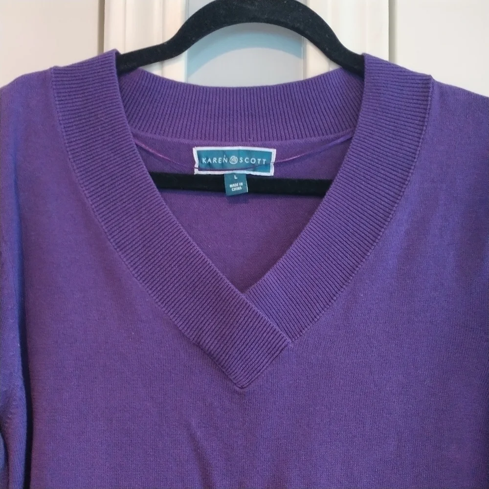 Karen Scott Classic Purple Cotton Pullover V Neck Sweater Top L - Picture 2 of 9